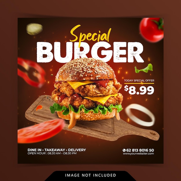 Menu di hamburger speciale di concetto creativo sul modello di banner di social media di promozione del vassoio