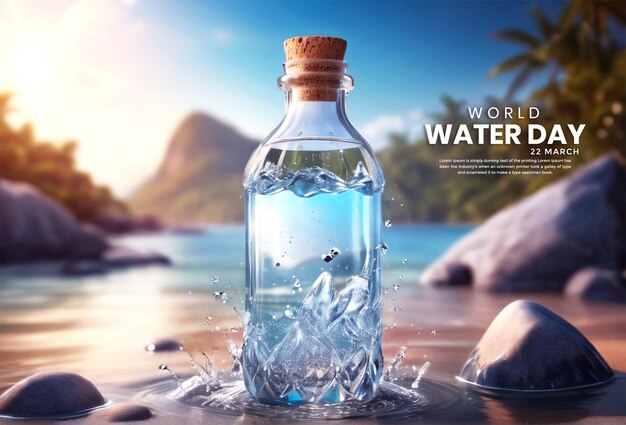 Bottiglia di cristallo creativa piena di acqua pulita spruzzata all'interno con un fiume sullo sfondo