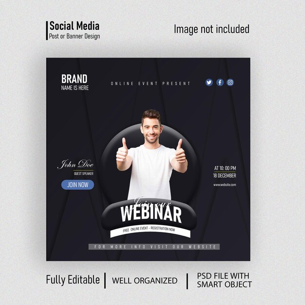 Webinar live di marketing digitale creativo e modelli di post sui social media
