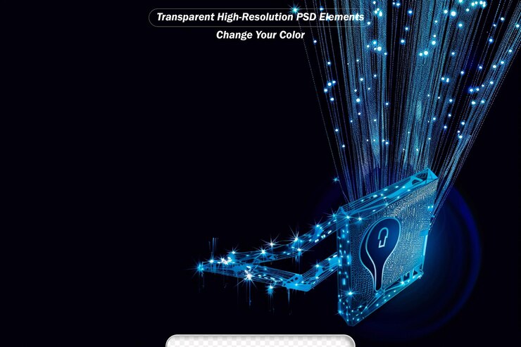 PSD creative digital polygonal open padlock hologram on blue background