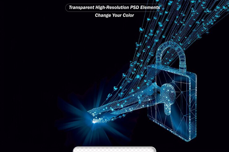 PSD creative digital polygonal open padlock hologram on blue background