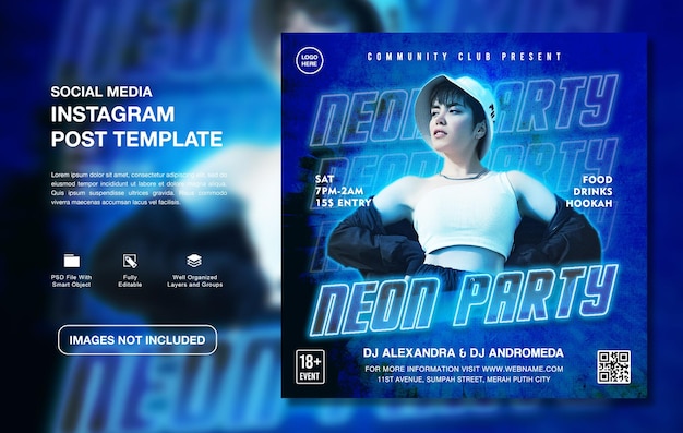 PSD creative dj neon party promotion instagram post template