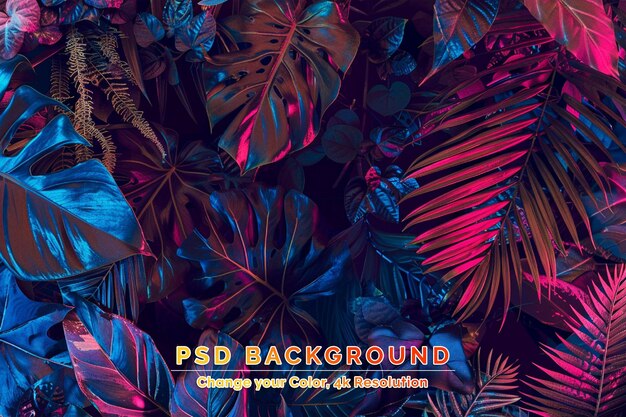 PSD creative fluorescent color layout made of tropical leaves flat lay neon colors