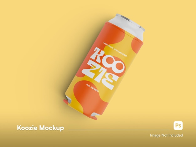 Creative front view koozie can mockup isolato in flat lay setting