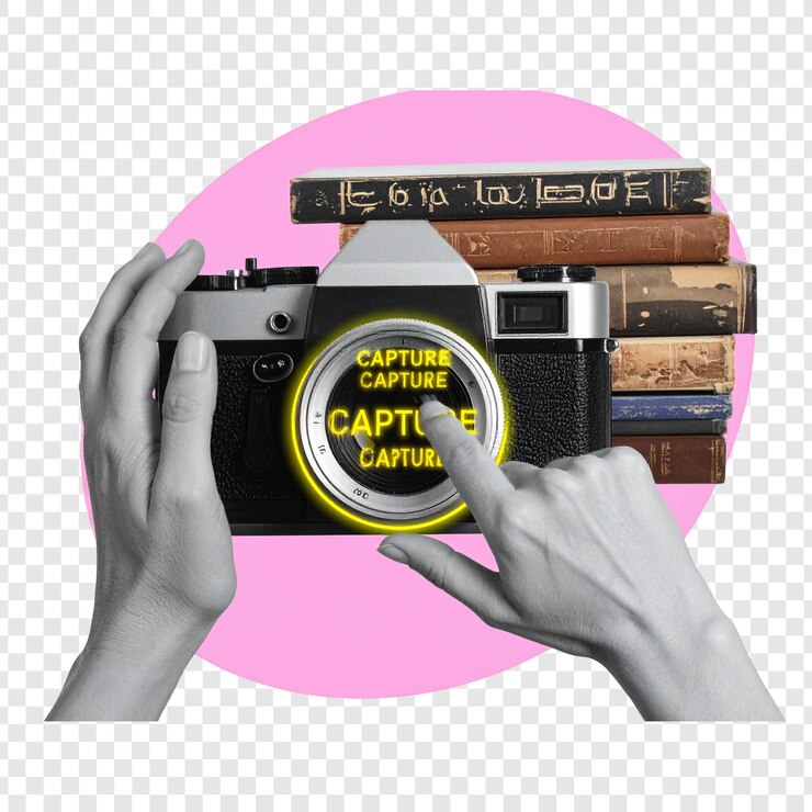 PSD creative hands holding camera with books creative design concept
