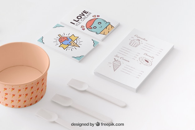 PSD creative ice cream mockup with stationery concept