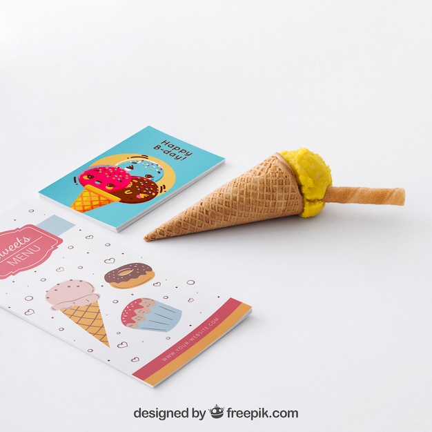 PSD creative ice cream mockup with stationery concept