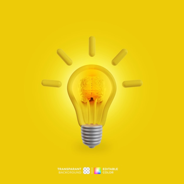Creative Idea 3D Icon Блестящая концептуализация с мозгом, заключенным в лампочку