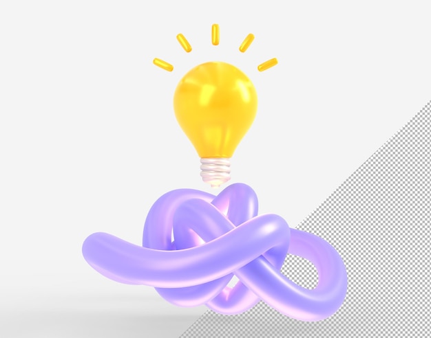 Creative idea inspiration innovation concept Cartoon 3d render illustration of glowing lamp and purple mess line tied in knot Symbol of search solution or insights brainstorm strategy analysis