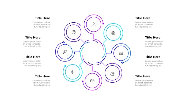 Creative Infographic with Circular Elements and Icons Line Diagram with 8 steps or processes