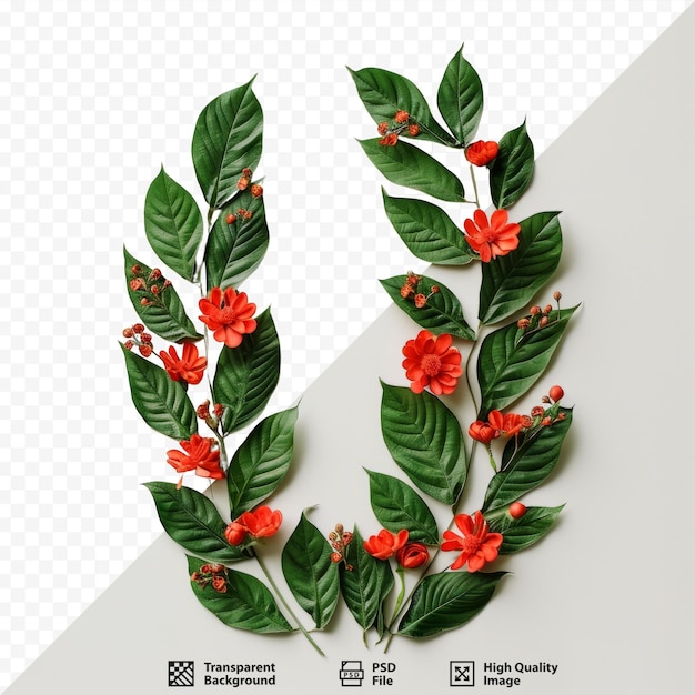 PSD creative layout made of green leaves and red flowers minimal nature isolated background spring flower concept