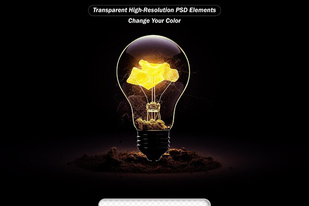 PSD creative light bulb glows with a brain on a black background