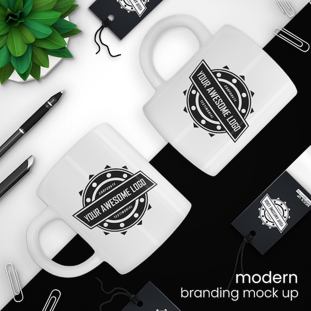 창의적이고 현대적인 커피 컵 및 판매 태그 모형