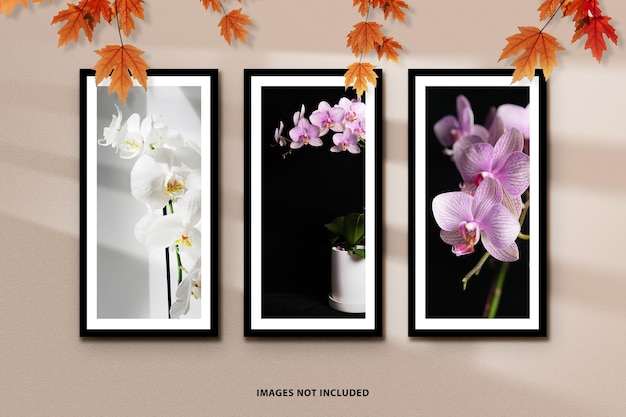 PSD creative moodboard or photo frame mockup with leafs effect