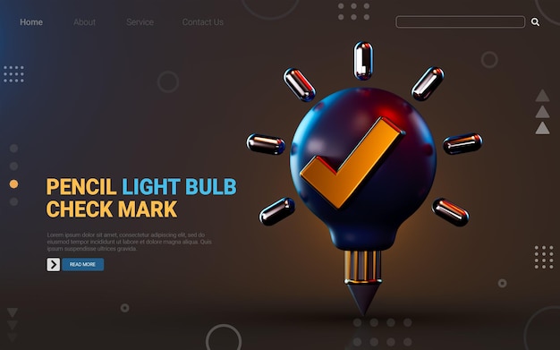 PSD 暗い背景の3dレンダリングの概念に電球のチェックマークが付いている創造的な鉛筆アイコン