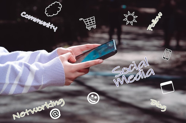 creative photo collage illustration of hands holding a cell phone you have free space for text