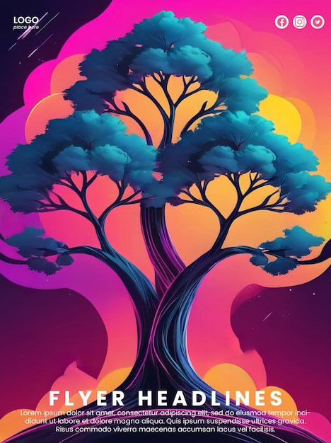 PSD creative poster with abstract neon tree design