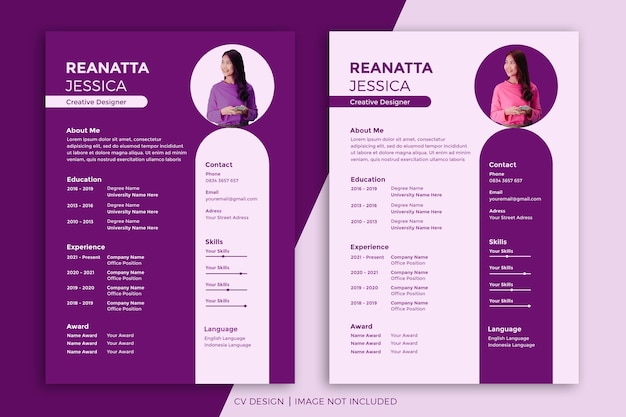 クリエイティブな履歴書デザインテンプレート紫のセットデザインを印刷する準備ができました
