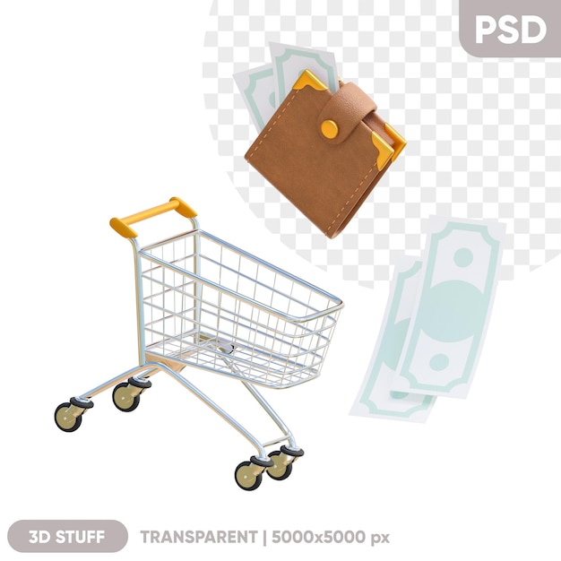 PSD Креативная концепция покупок корзина с кожаным кошельком и счетами на прозрачном фоне 3d иллюстрация для розничной торговли и финансов