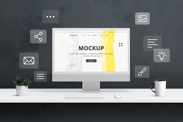 PSD creative web design studio computer display mockup with web icons