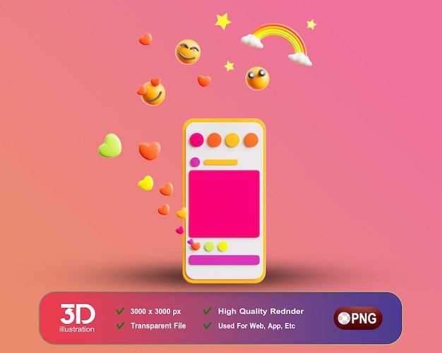 PSD 3d-телефон creativepreneur с иконой социальных сетей rainbows на изолированном фоне