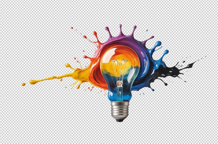 PSD creativiteitsconcept met gloeilamp gemaakt van olieverfmengsel verbetert artistieke visie