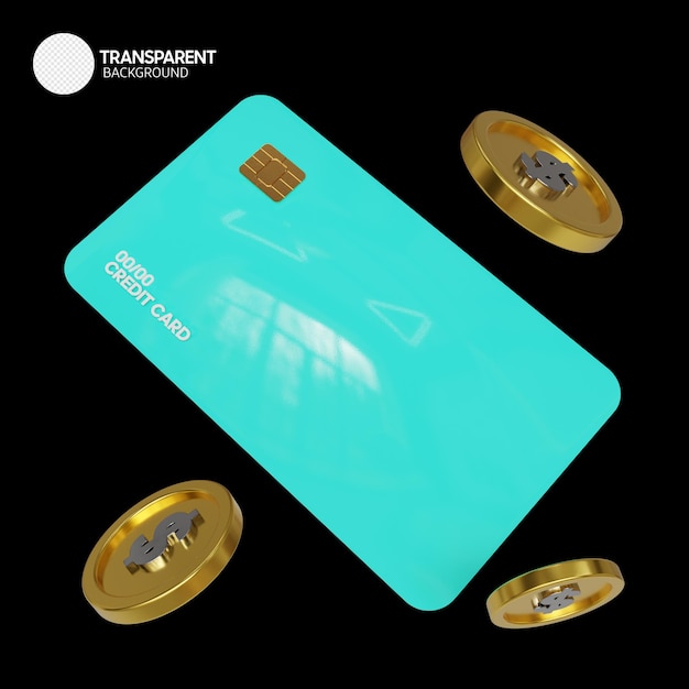 Credit card blue gold coin 3d render banking