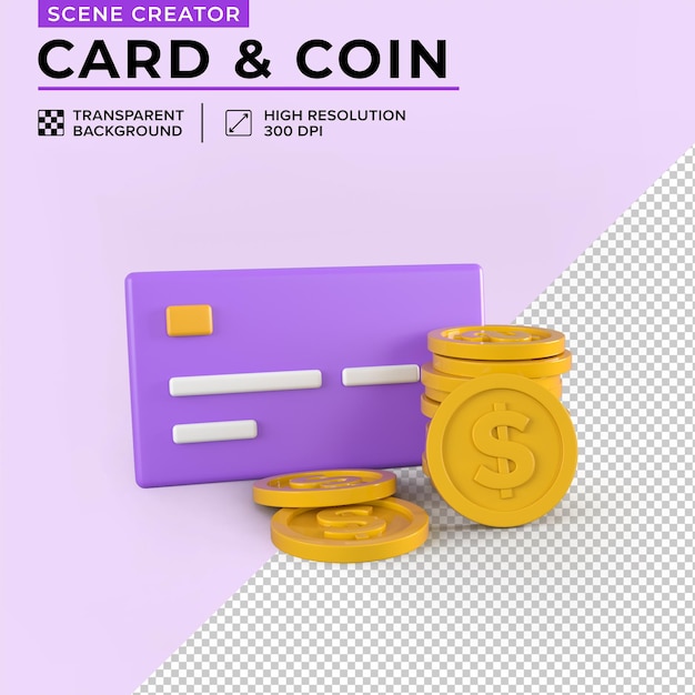 Credit Card and coins Scene creator 3D Illustration