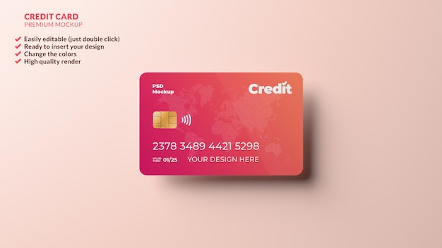 PSD credit card design mockup floating in realistic 3d rendering