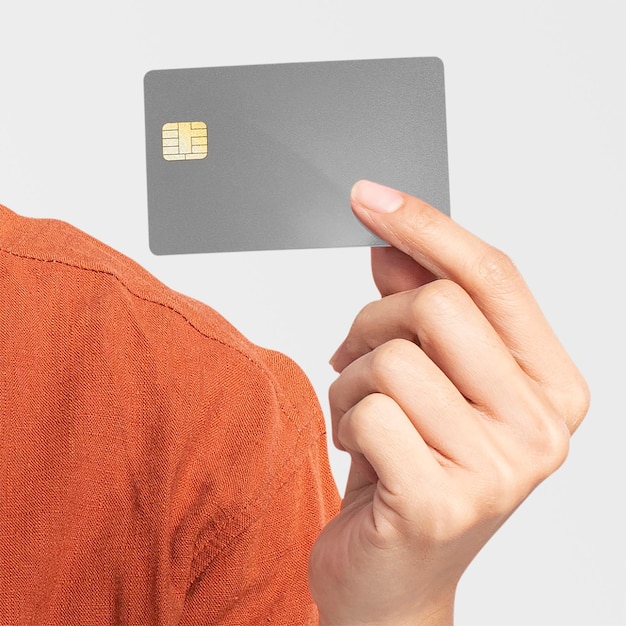 Credit card mockup psd presented by a woman