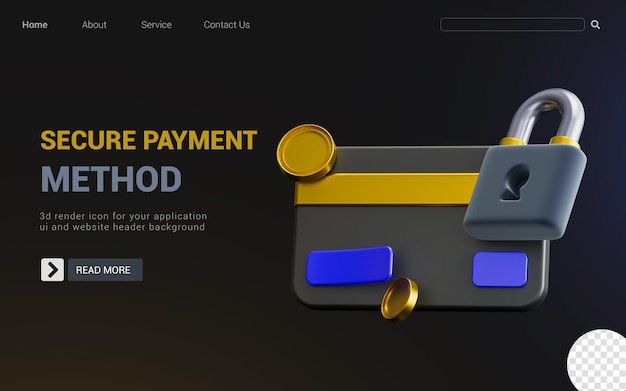 PSD credit card with gold coin lock sign on dark background 3d render concept for secure payment method