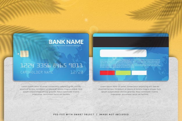 PSD creditcard blauwe mockup sjabloon met tekst