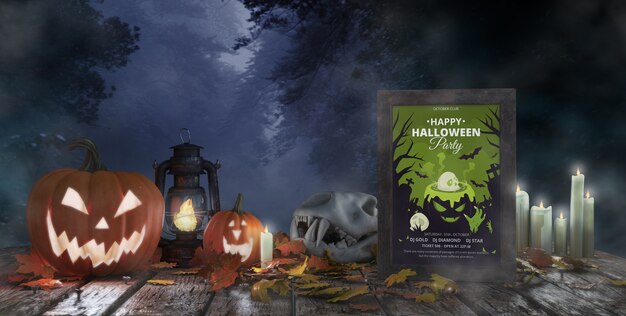 PSD creepy halloween arrangement with movie poster and pumpkins