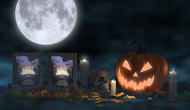 PSD Жуткая аранжировка на хэллоуин с постерами фильма и страшной тыквой