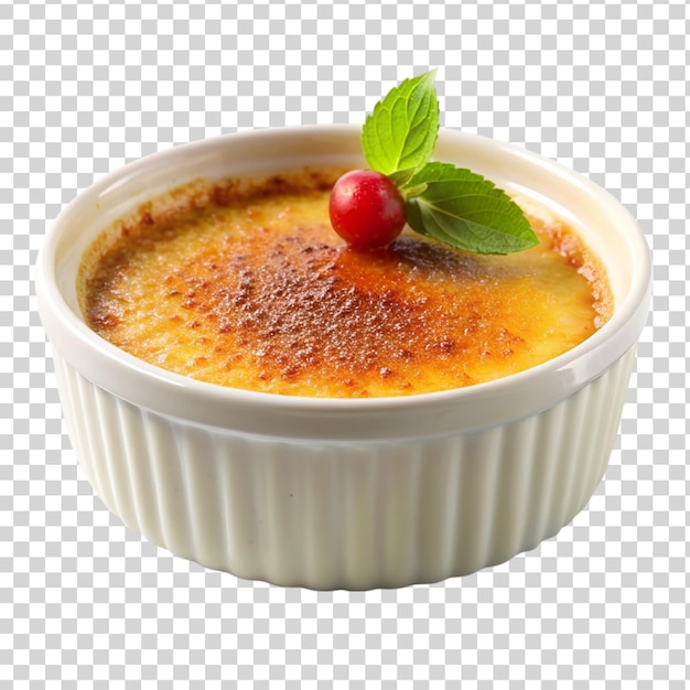 Creme brulee op een witte schaal op een doorzichtige achtergrond