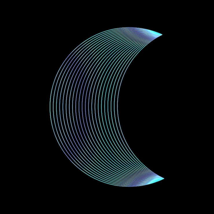PSD crescent moon in cyan and blue lines against black