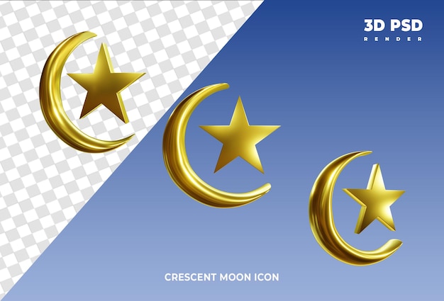 Crescent moon and star 3d render icon badge isolated