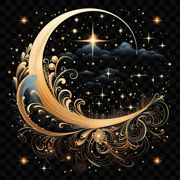 A crescent moon and stars are on a black background