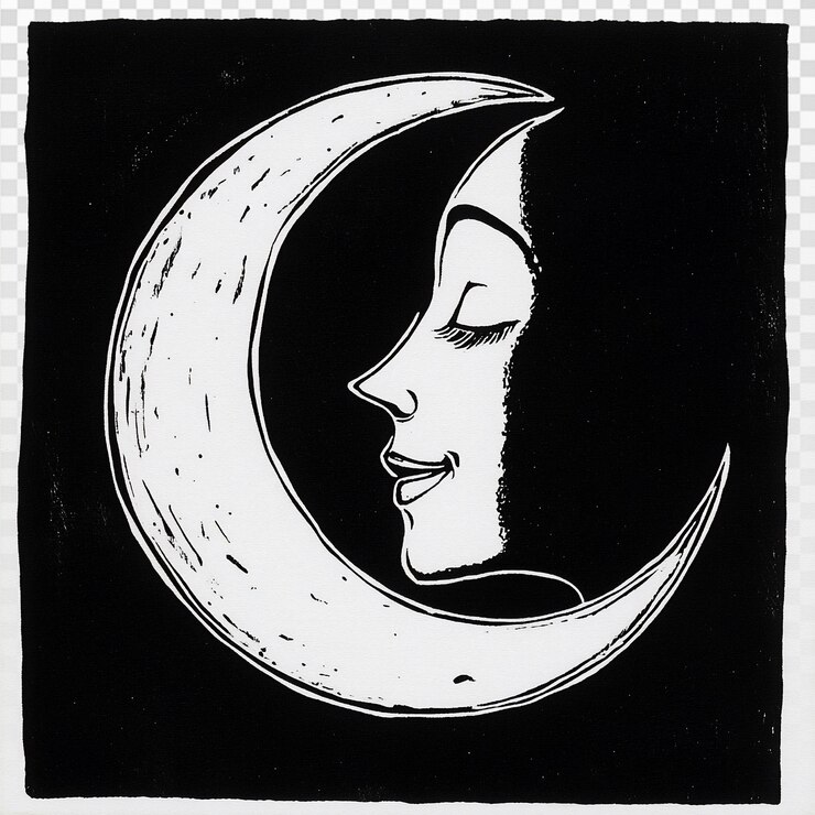 PSD crescent moon with womans face in folk art