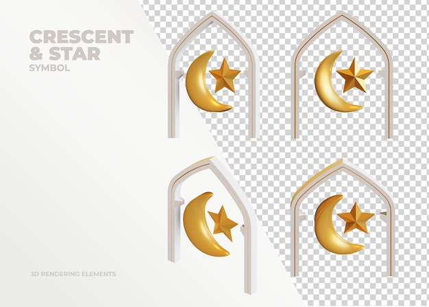 Crescent and star symbol 3d rendering elements