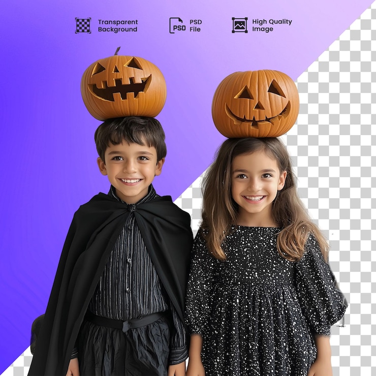 PSD criancas fantasiadas com aboboras na cabeca para halloween