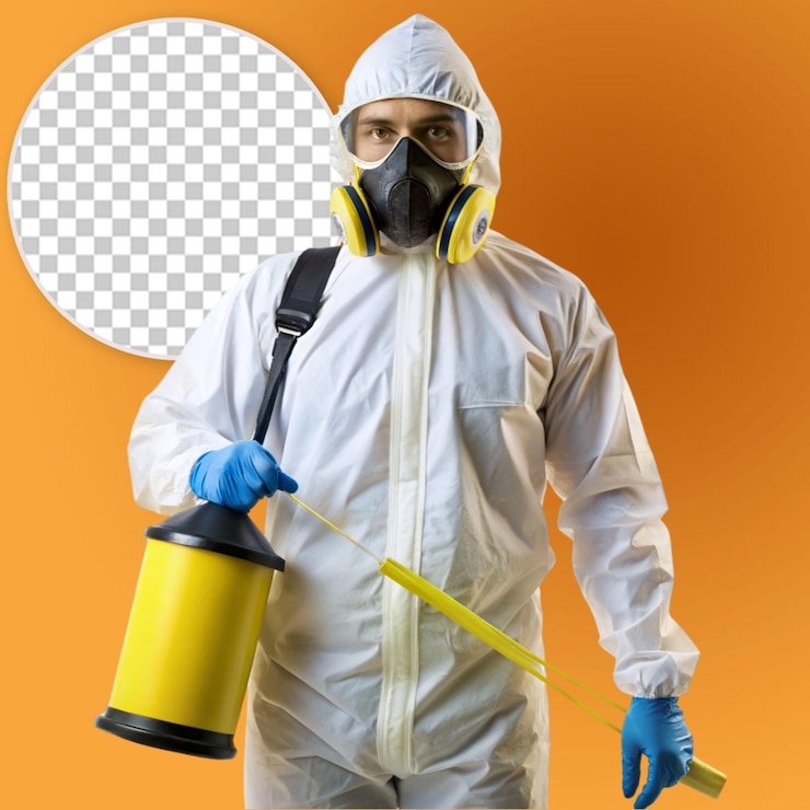 PSD crime scene cleaner in white biohazard suite