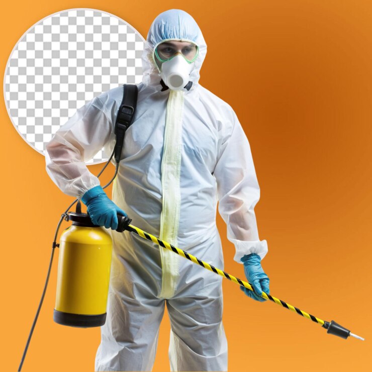 PSD crime scene cleaner in white biohazard suite