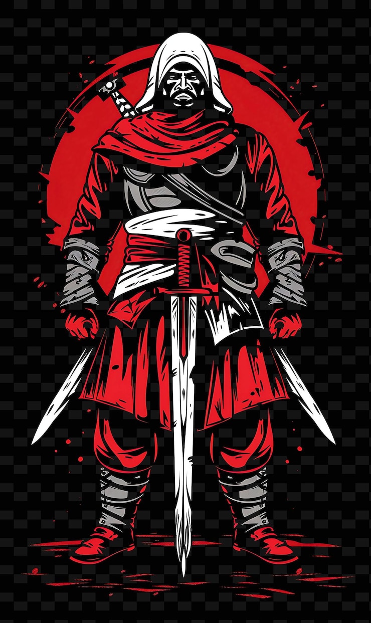 PSD crimean tatar warrior with a yatagan standing in a stealthy flat illustration character portraits