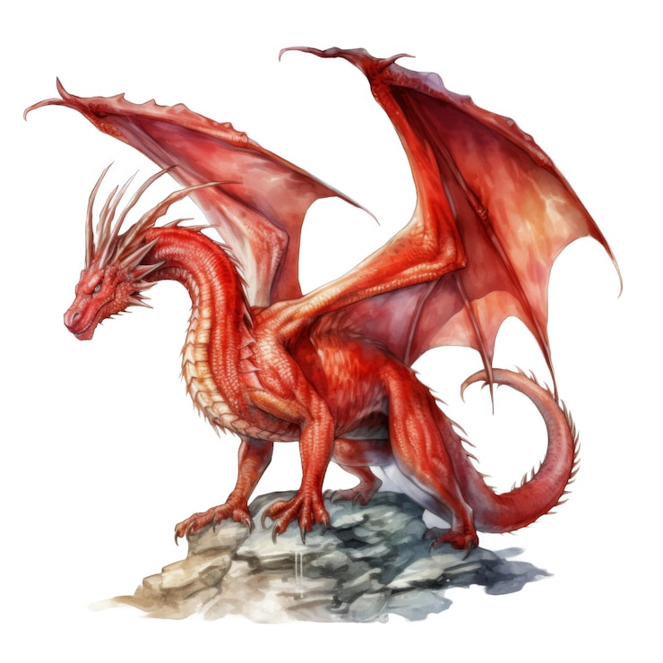 PSD a crimson dragon perched on a rock