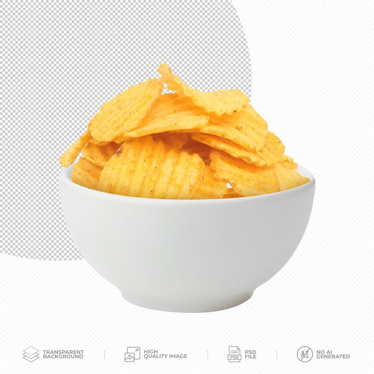 PSD crisps in the white bowl on transparent background psd