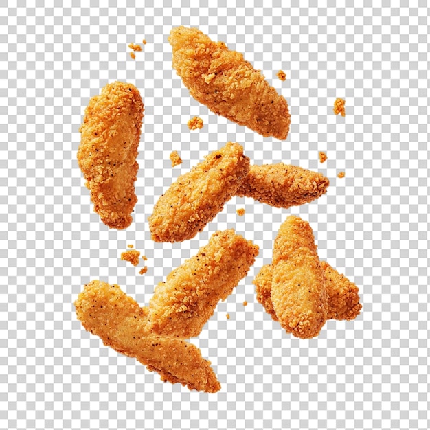 crispy chicken fingers falling in the air isolated on transparent background