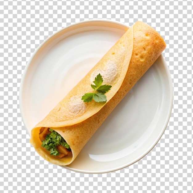 PSD crispy dosa roll on white plate isolated on transparent background