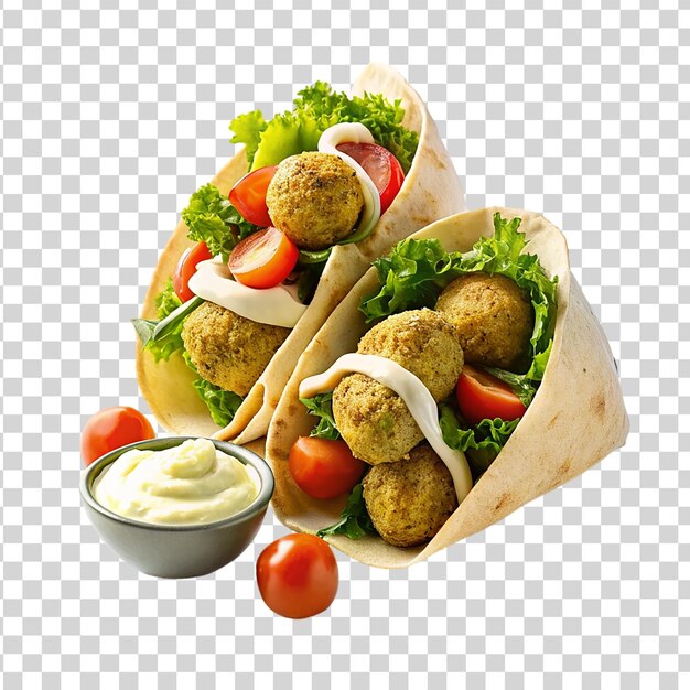 PSD crispy falafel balls wrapped in pita bread isolated on transparent background