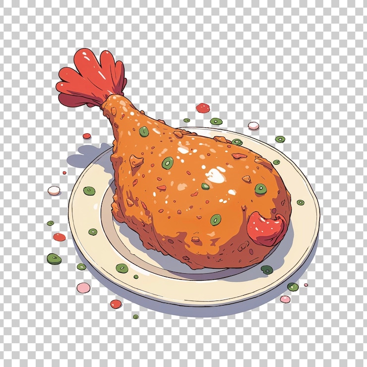 PSD crispy fried chicken drumstick garnished with herbs on plate on transparent background